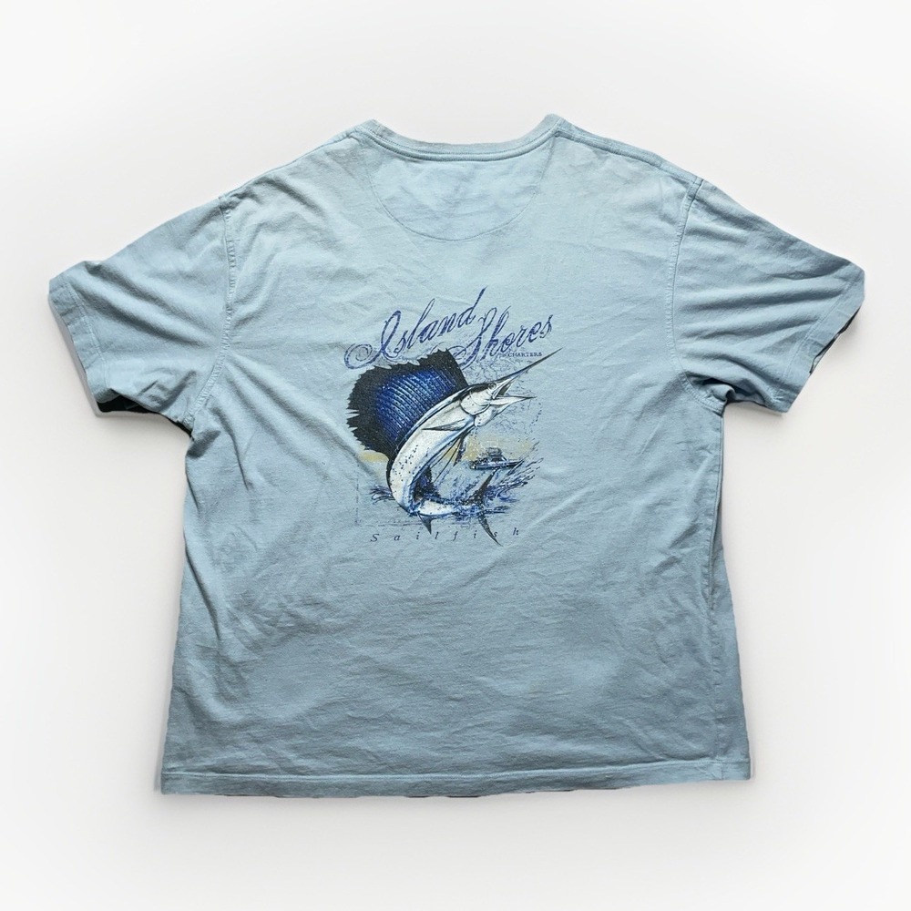 Island Shores T-Shirt Mens L Blue Sailfish Charters Fishing Graphic Grunge Tee